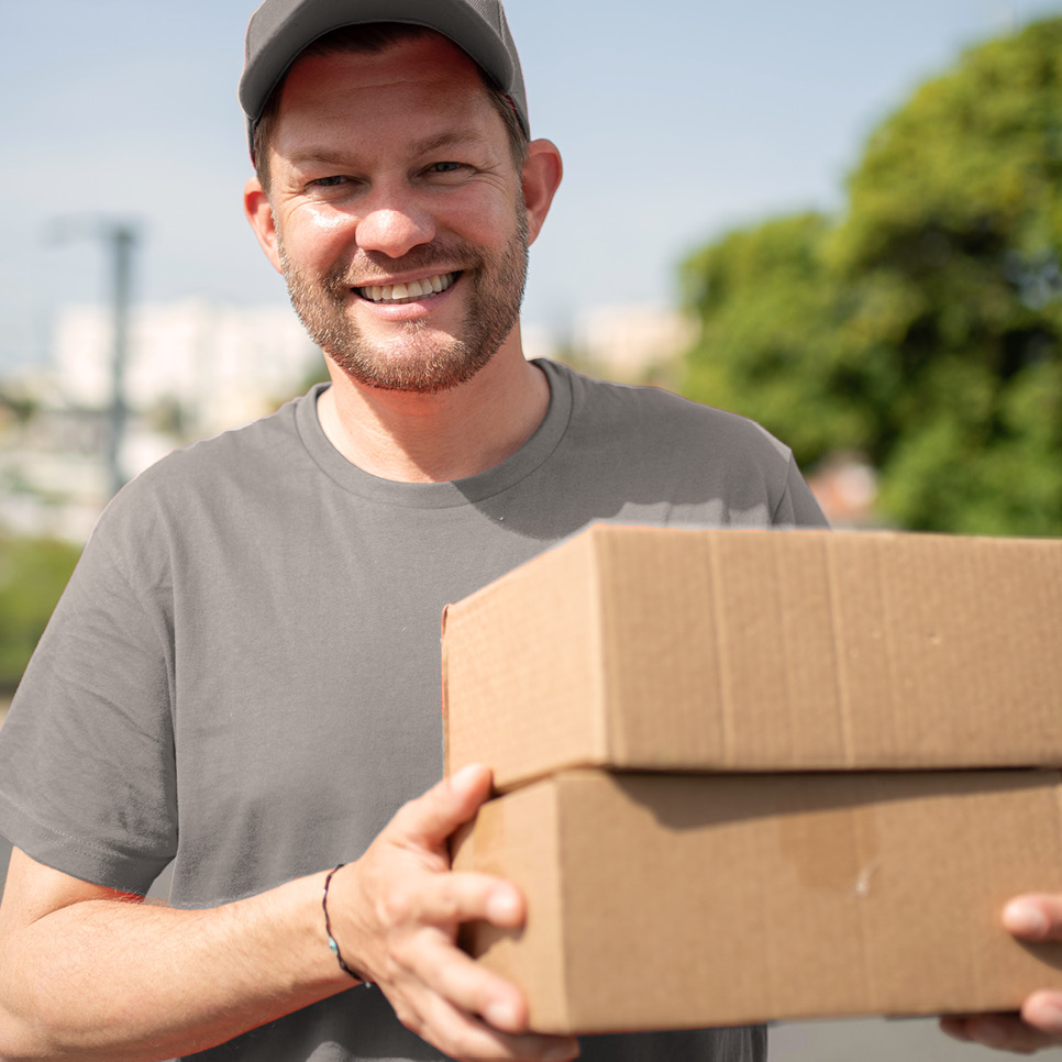 Paketzusteller mit zwei Paketen in der Hand lächelt in die Kamera